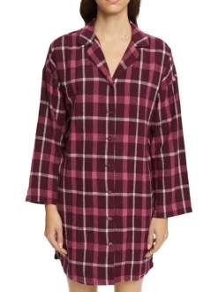 Chemise de nuit courte en coton bordeaux à carreaux avec une coupe droite, un col V croisé et à manches longues
