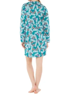 Chemise De Nuit en coton verte imprimée coupe droite avec un col rond et 5 boutons blancs pour la fermeture du col