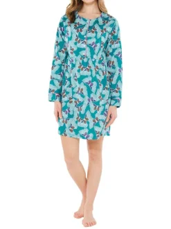 Chemise De Nuit en coton verte imprimée coupe droite avec un col rond et 5 boutons blancs pour la fermeture du col