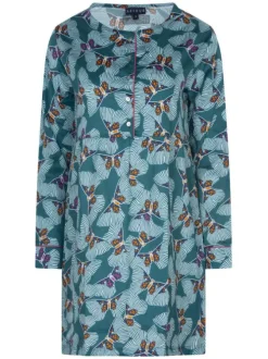 Chemise De Nuit en coton verte imprimée coupe droite avec un col rond et 5 boutons blancs pour la fermeture du col