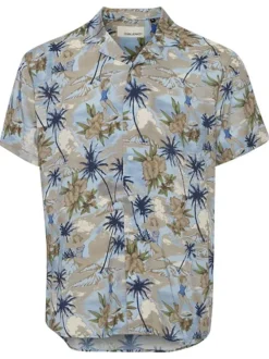 Chemise droite en coton bleu à motif tropical, col cubain et manches courtes