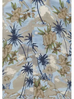 Chemise droite en coton bleu à motif tropical, col cubain et manches courtes