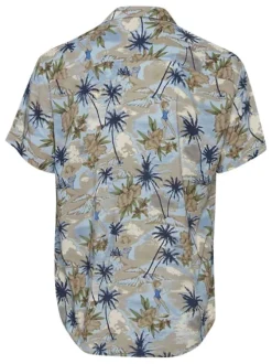 Chemise droite en coton bleu à motif tropical, col cubain et manches courtes