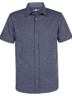 Chemise droite, en coton motifs abstraits bleu, à manches courte et col français