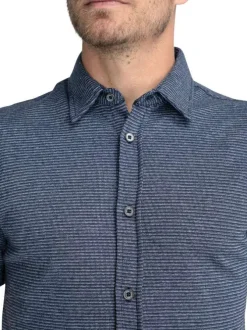 Chemise droite, en coton motifs abstraits bleu, à manches courte et col français