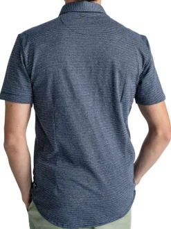 Chemise droite, en coton motifs abstraits bleu, à manches courte et col français