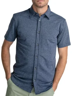 Chemise droite, en coton motifs abstraits bleu, à manches courte et col français