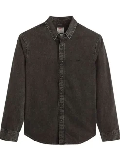 Chemise en coton anthracite en jean avec une coupe droite et un col américain
