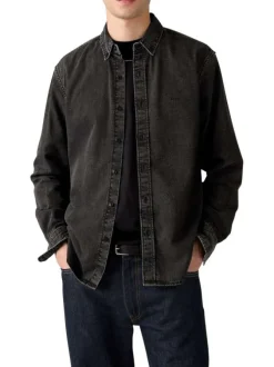 Chemise en coton anthracite en jean avec une coupe droite et un col américain