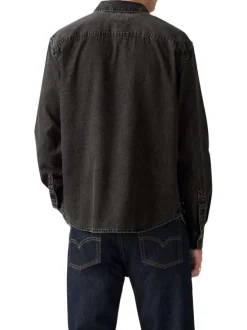 Chemise en coton anthracite en jean avec une coupe droite et un col américain