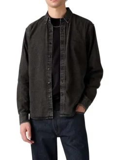Chemise en coton anthracite en jean avec une coupe droite et un col américain