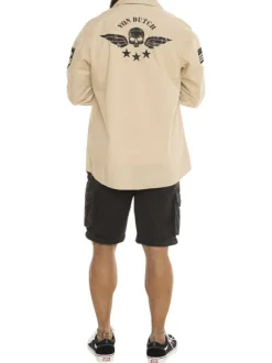 Chemise en coton beige avec un imprimé une coupe droite et un col à revers