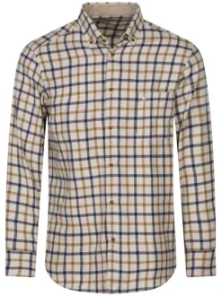 Chemise en coton beige à carreaux avec une coupe droite et un col américain