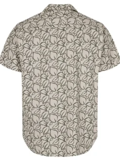 Chemise en coton beige coupe droite à col cubain avec imprimé feuilles