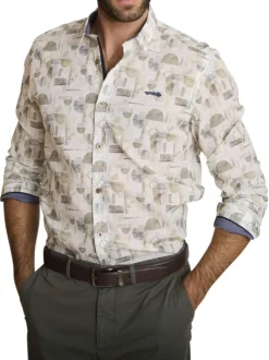 Chemise en coton beige à coupe droite ornée d'un motif géométrique