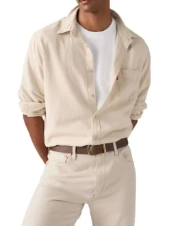 Chemise en coton beige à coupe droite pourvue d'un col à revers