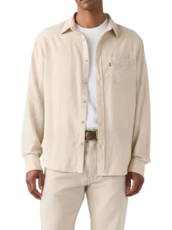 Chemise en coton beige à coupe droite pourvue d'un col à revers