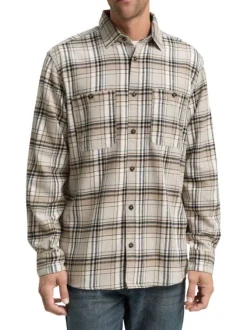 Chemise en coton beige à motif écossais pourvue d'une boutonnière