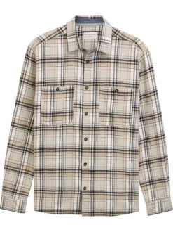 Chemise en coton beige à motif écossais pourvue d'une boutonnière