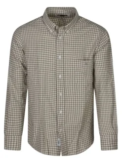 Chemise en coton beige orné d'un motif à carreaux avec un col à rabats
