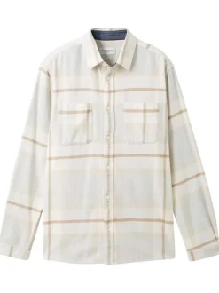Chemise en coton beige tartan coupe regular col français et poches poitrines
