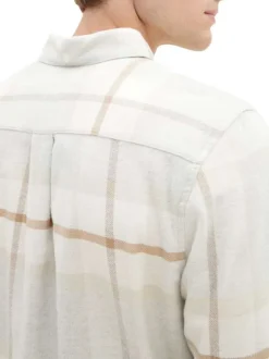Chemise en coton beige tartan coupe regular col français et poches poitrines