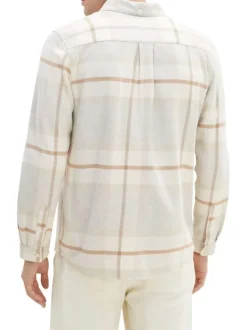 Chemise en coton beige tartan coupe regular col français et poches poitrines