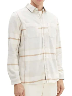 Chemise en coton beige tartan coupe regular col français et poches poitrines