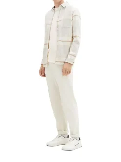Chemise en coton beige tartan coupe regular col français et poches poitrines