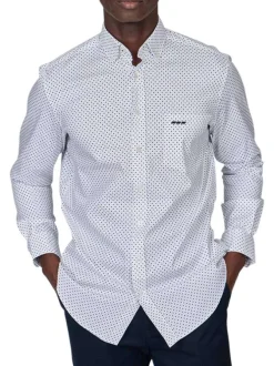Chemise en coton biologique blanche à minis motifs et à col américain