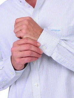 Chemise en coton biologique bleu ciel à rayures et avec une coupe droite