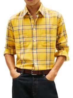 Chemise en coton biologique jaune à carreaux pourvue d'un col à revers
