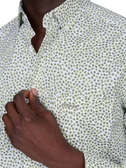 Chemise en coton biologique kaki à petites feuilles et col américain