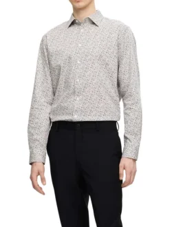 Chemise en coton biologique mélangé écrue fleurie à coupe droite col français