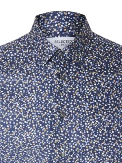 Chemise en coton biologique mélangé marine moucheté coupe droite col français