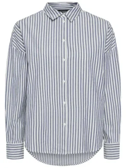 Chemise en coton biologique rayée bleue et écrue avec boutonnière à l'avant