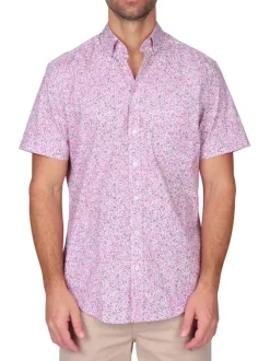 Chemise en coton biologique rose à motifs avec une coupe droite