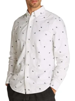 Chemise en coton blanche brodée à coupe droite et col américain