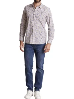 Chemise en coton blanche à imprimé liberty bleu et jaune et à coupe regular fit