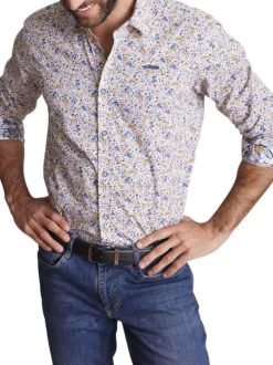 Chemise en coton blanche à imprimé liberty bleu et jaune et à coupe regular fit
