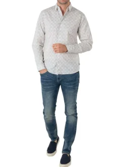 Chemise en coton blanche imprimé éventail à coupe droite et col italien