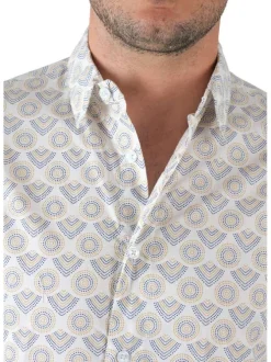 Chemise en coton blanche imprimé éventail à coupe droite et col italien
