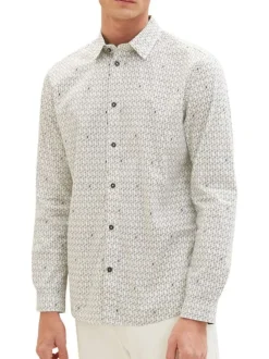 Chemise en coton blanc imprimé géométrique avec col français et coupe droite