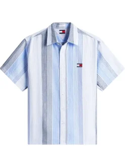 Chemise en coton bleu clair à rayures avec une coupe droite et un col à revers