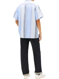 Chemise en coton bleu clair à rayures avec une coupe droite et un col à revers