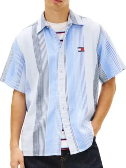 Chemise en coton bleu clair à rayures avec une coupe droite et un col à revers