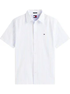 Chemise en coton bleu clair à rayures avec une coupe droite et un col à revers