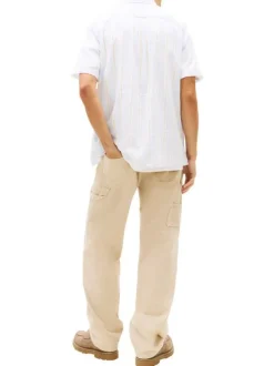 Chemise en coton bleu clair à rayures avec une coupe droite et un col à revers