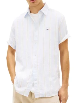 Chemise en coton bleu clair à rayures avec une coupe droite et un col à revers