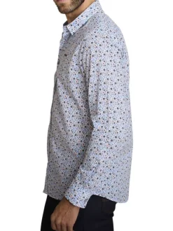 Chemise en coton bleu à coupe droite ornée d'un motif floral tricolore